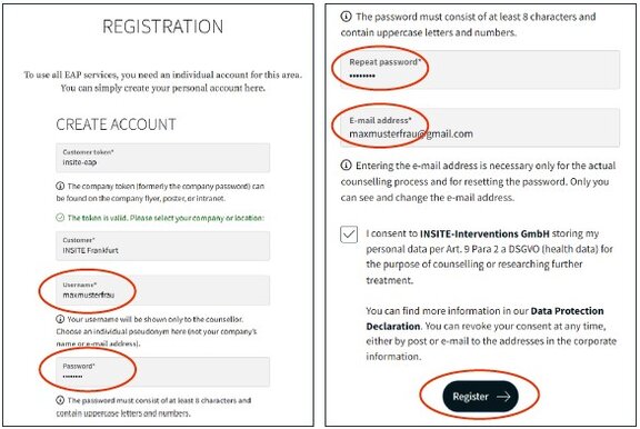 meinEAP introduction - view of the registration form